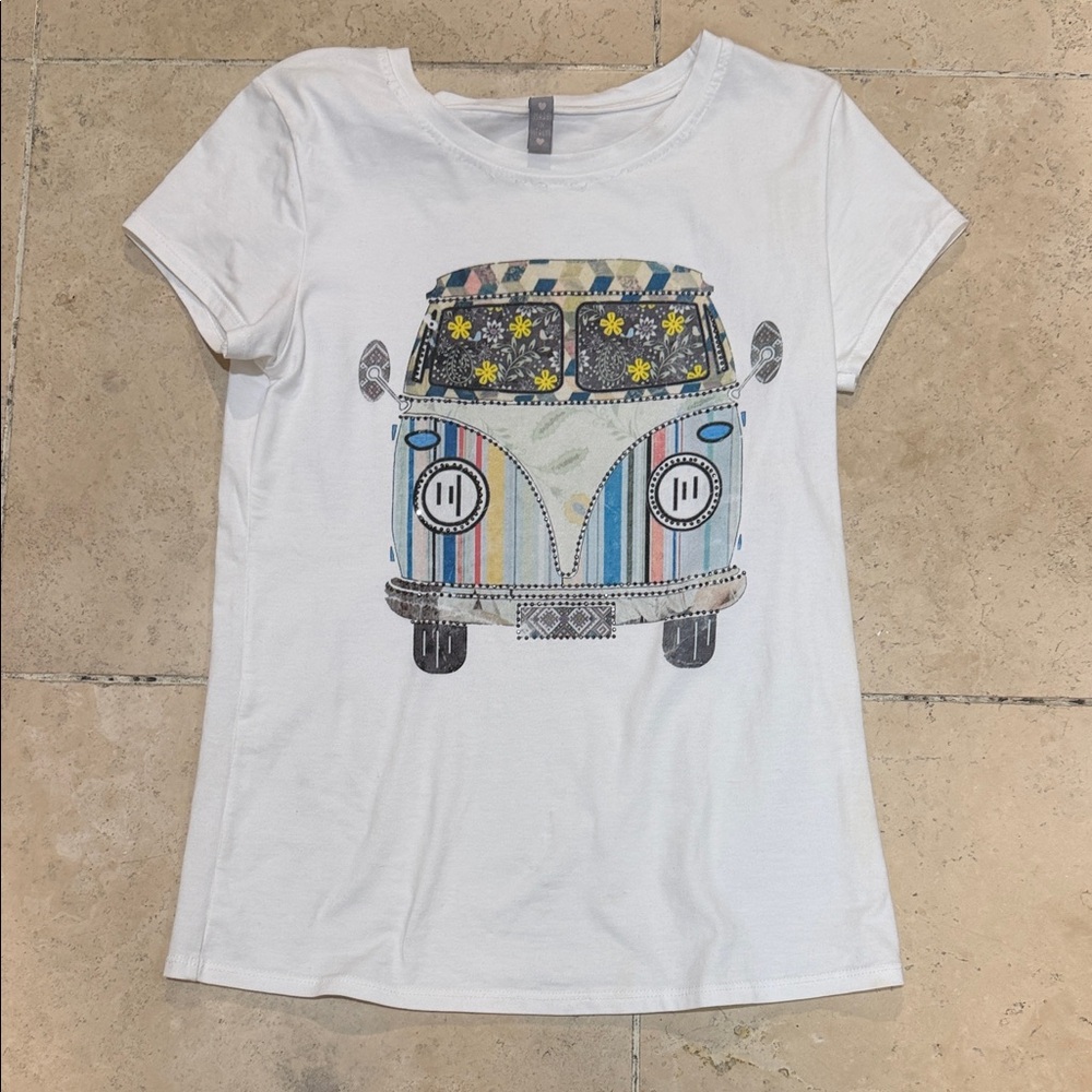 Y2K Women's White T-Shirt with Colorful Van Design